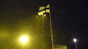 Finska flaggan har vind i seglen. Finska flaggan vajade i snöyran dagen till ära.