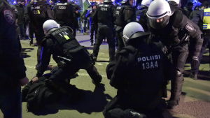 Polisen ingriper. Polisen ingriper mot dememonstranter på Finlands självständighetsdag.