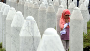 En bosniakisk flicka på begravningen den 11 juli 2014, då kvarlevor av 175 identifierade offer begravdes vid minnescentret i Potocari. En bosniakisk flicka på begravningen den 11 juli 2014, då kvarlevor av 175 offer begravdes vid minnescentret i Potocari.