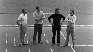 Björn Federleys radiokarriär inleddes på sportredaktionen. Här besöker han Helsingfors stadion inför EM i friidrott 1971 tillsammans med Kaj Boström, Per-Henrik Nyman och Christer Bonn Björn Federley, Kaj Boström, Per-Henrik Nyman och Chrsiter Bonn