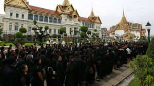 Över 80 000 svartklädda sörjande stod i kö utanför det kungliga palatset i morse i hopp att få en sista glimt av den avlidne kung Bhumibol Över 80 000 svartklädda sörjande stod i kö utanför det kungliga palatset i morse i hopp att få en sista glimt av den avlidde kung Bhumipol