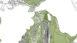 Området i Hiidensalmi ligger norr om Lojo centrum. En karta i vitt, grönt och grått som visar Lojo centrum ovanifrån.