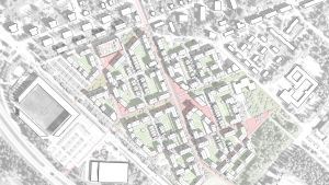 En karta över det planerade bostadsområdet på travbanan i Vasa. På bilden ser man bland annat hur klemetsögatan har förlängts, hur den korsas av en esplanad och hur ett torg bildas i de gatornas korsning.
