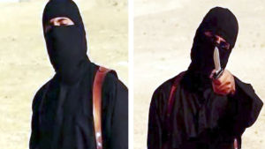 Jihadister tillhörande terrororganisationen Islamiska Staten. Bödel hotar sina offer. Bild från IS-video.