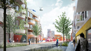 Torget och Klemetsögatan. En arkitektillustration av hur det planerade bostadsområdet på travbanan i Vasa kommer att se ut. På bilden ser man torget från Klemetsögatan. Vid torget står ett höghus på mellan åtta och nio våningar.
