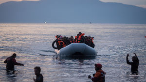 En flyktingbåt landar på Lesbos vårvintern 2016. Turkiets kust i bakgrunden. Flyktingar anländer till Lesbos i gummibåt den 9 mars 2016.