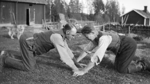 "Dra pissmyra", 1929, Strömfors, Kejtala Två män leker leken "dra pissmyra". Bilden är tagen 1929 i Strömfors, Kejtala.