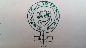 Illustration ur tidningen Kvinnotid / Aikanainen kvinnosymbol med knytnäve och gröna blad teckand med tusch på papper