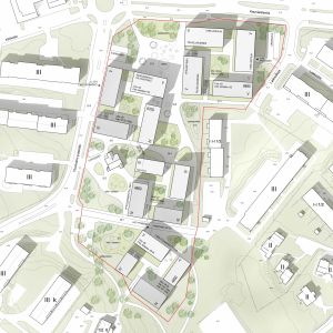 Förslaget Huvilat placerar flera bostadshus på stadshusets nuvarande tomt. I vinnarförslaget till idétävlingen om tomten kring Grankulla stadshus, Huvilat, bevaras parken men stadshuset rivs och bostadshus med affärslokaler byggs här i stället.