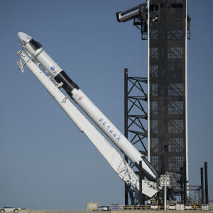 Rymdraketen Falcon 9 lyfts på plats inför avfärden från Kennedy-rymdcentret i Florida. Rymdraketen Falcon 9 lyfts på plats inför avfärden från Kennedy-rymdcentret i Florida.