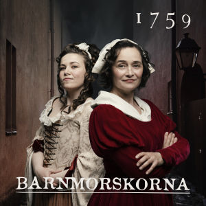 Klicka på bilden för att komma till Arenan och lyssna på "Barnmorskorna 1759". Två kvinnor i 1700-talskläder står med armarna i kors. På bilden texten "Barnmorskorna" och "1759"