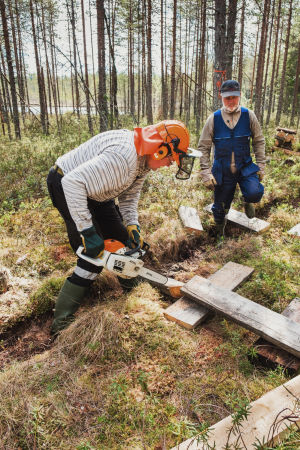 Valkeisen järven rannan suomaisemassa kiertävät pitkospuut uusitaan, sillä edelliset olivat vanhetessaan muuttuneet vaarallisiksi kulkea. Jorma Tuikka ja Mikko Viitasalo pitkospuutalkoissa Valkeisen järven rannalla.