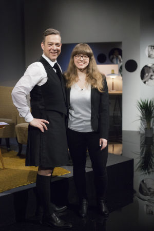 Riko Eklundh i kilt tillsammans med Felicia Järnström. Riko Eklundh och Felicia Järnström i De Eurovisa.