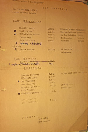 Deltagarlistan i Cay Karlssons första musiktävling. OBS! vilka som fungerade som domare. Deltagarlista från musiktävlingen i Andra svenska lyceet