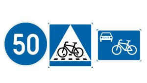 Nya vägmärken som föreslås är minimihastighet, övergångsställe för cyklister och cykelgata. Tre trafikmärken bredvid varandra.