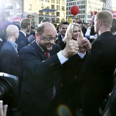 Martin Schulz på torget Gendarmenmarkt i Berlin den 22 september 2017