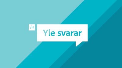 På blå bakgrund en vit ruta med texten Yle svarar.