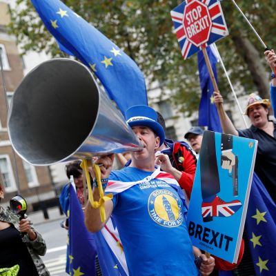Brexitmotståndare demonstrerade utanför regeringsbyggnaderna i London på måndag kväll. 