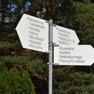 Piispalan nuorisokeskuksen opaskylttejä.