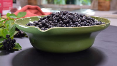 En stor grön skål i keramik, med en pip, fylld till brädden med mörka bär som kallas aronia.