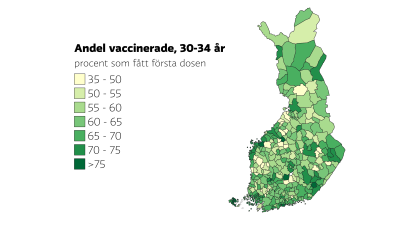 Karta som visar vaccinationsgraden bland 30-34-åringar per kommun.