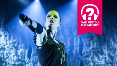 Shirley Manson har en mikrofon i sin utsträckta hand.
