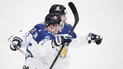 Två finländska spelare jublar.