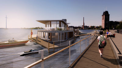 Visualisering av en flytande restaurang i havet.