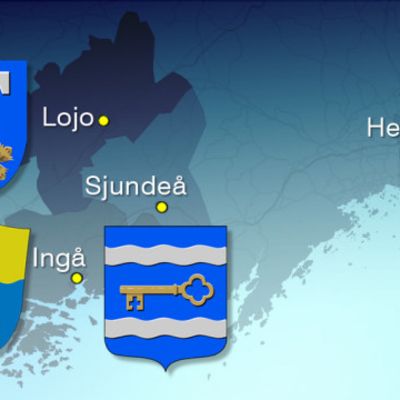 Kuvassa karttapohja, missä Lohjan, Inkoon ja Siuntion vaakunat.