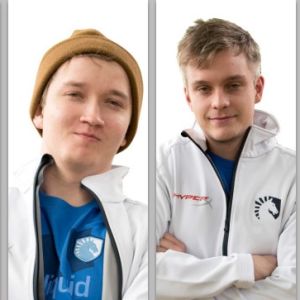 Team Liquid Dota 2 -joukkue. Keskellä suomalainen Lasse "MATUMBAMAN" Urpalainen, oikealla puolellaan Jesse "JerAx" Vainikka.