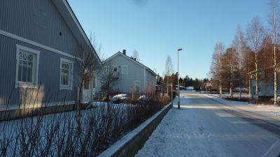 Egnahemshusområde i Lövkulla i Karis och på bilden syns två gråa egnahemshus längs med en sandig gata.