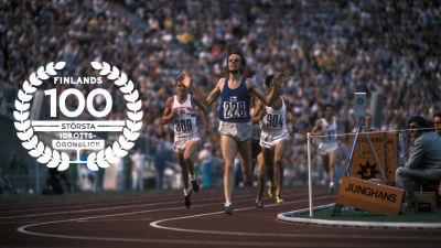 Lasse Virén, 5000 meter OS 1972, med logon för Finlands 100 största idrottsögonblick.