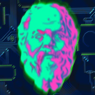 Illustration av Sokrates huvud i neonfärg på ett kretskort. 