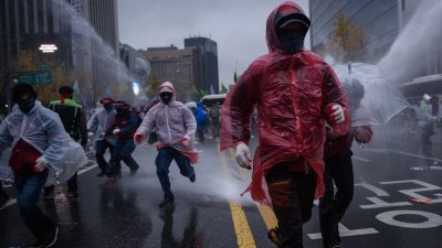 70 000 människor protesterade mot regeringen i Sydkoreas huvudstad Seoul den 14 november 2015.