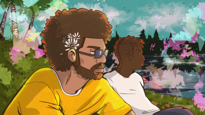 Mies afrokampauksessa, piirros