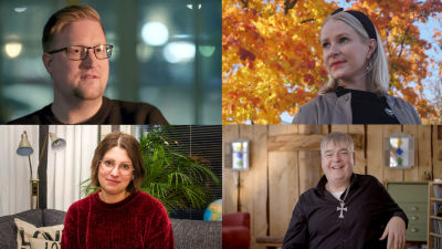 Ett bildcollage med fyra olika personer. Uppe till vänster en man med glasögon, uppe till höger en kvinna mot en bakgrund av höstfärgade träd. Nere till vänster en kvinna med glasögon, nere till höger en leende man