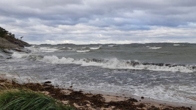 Ett stomigt hösthav och en sandstrand med berg.