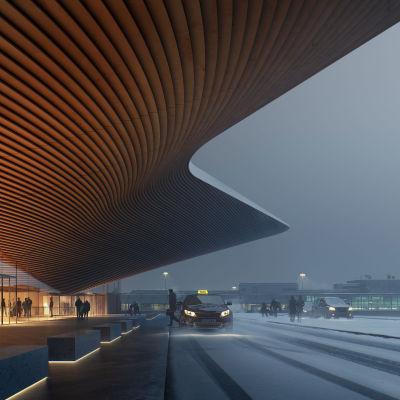 En visualisering av den nya ingången till terminal 2 vid Helsingfors-Vanda flygplats.