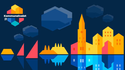 En grafisk bild med nyanser i blått och orange med bild av segel, öar, träd åbo domkyrka och åbo slott.