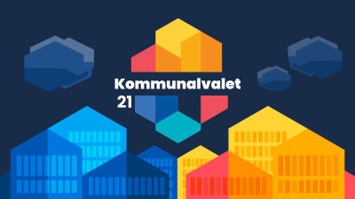 Illustrerad bild med kommunalvalets logo omgiven av olikfärgade hus