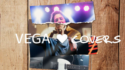 sönderrivna bilder på fyra olika musicerande människor som bildar en, med texten Vega hjärta covers över.