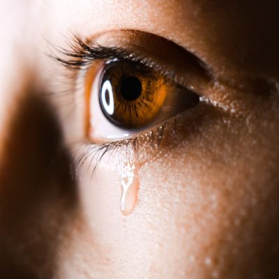 närbild på ett brunt öga som fäller en tår. 