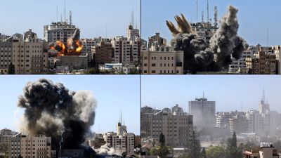 Den här bildserien visar anfallet mot mediebyggnaden, det så kallade Jala-tornet i Gaza City i lördags.