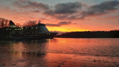 Viking Lines passagerarfärja Amorella glider förbi Folkparkens badstrand i Åbo en tidig morgon då morgonsolen lyser upp allt i gult och orange.