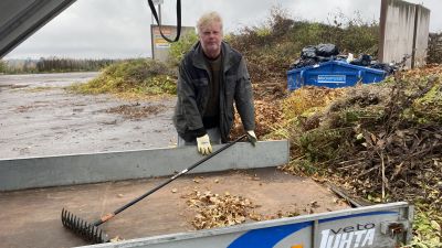 En man står vid en släpvagn intill en lövhög. Han har ena handen på en kratta som ligger på släpkärrsflaket.