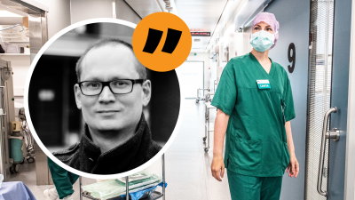 Porträtt på AG Karlsson inklistrat på en bild av sjukskötare.