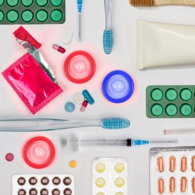 Tandborstar, sprutor, kondomer och olika piller utspridda på finsk bakgrund.