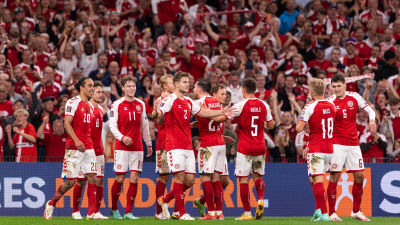 Danmark firar 5–0-segern över Israel.