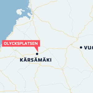 Karta över Mellersta Finland med Kärsämäki och Vuokatti markerade. Olycksplatsen är också markerad, strax norr om Kärsämäki.