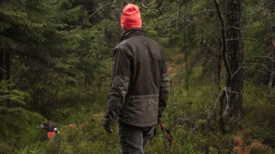 Jägare med sin hund i skogen